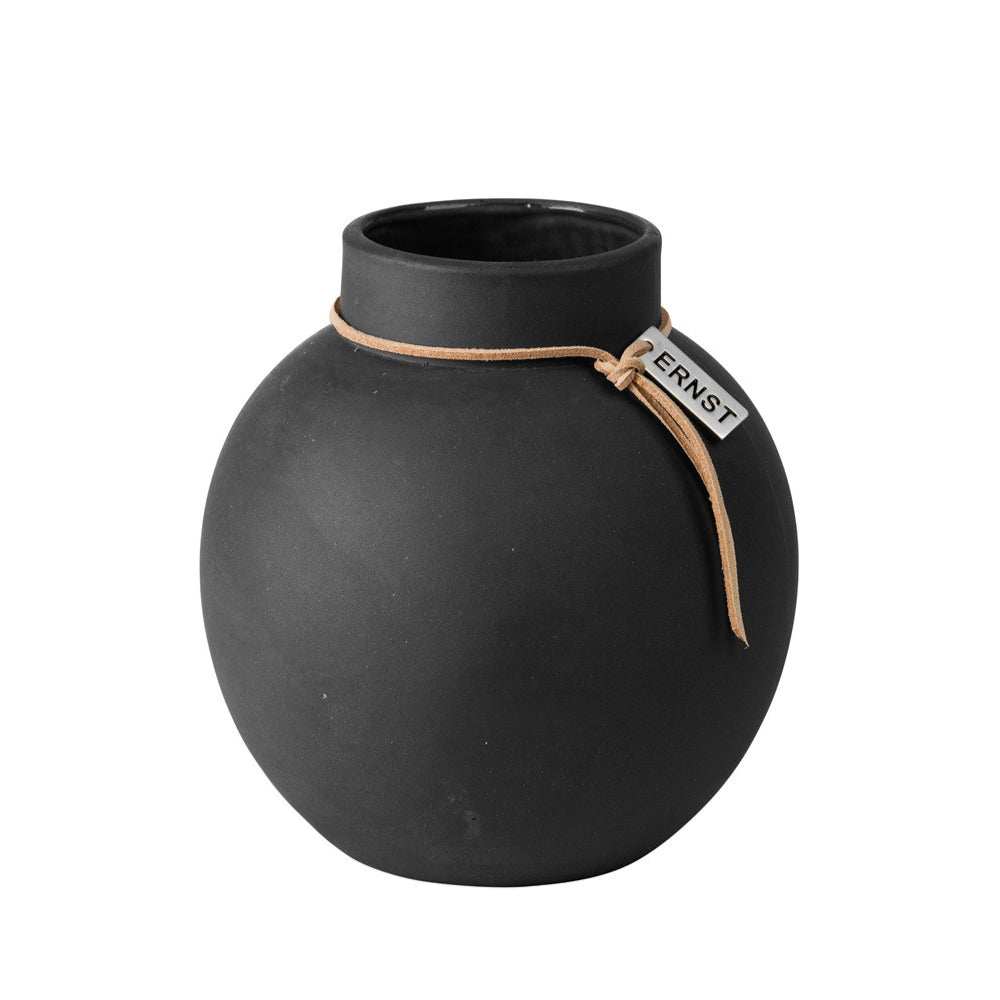 Keramikvase, schwarz mit Lederband, mittel