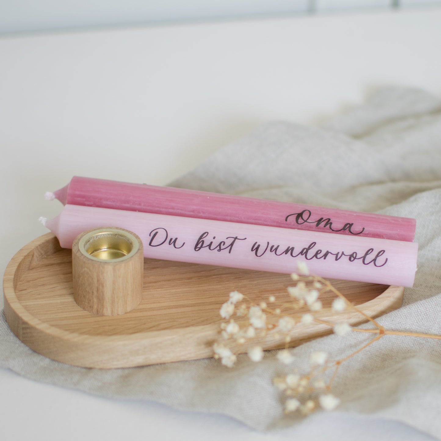 Stabkerzenset "Oma", rosa/optional mit Kerzenständer